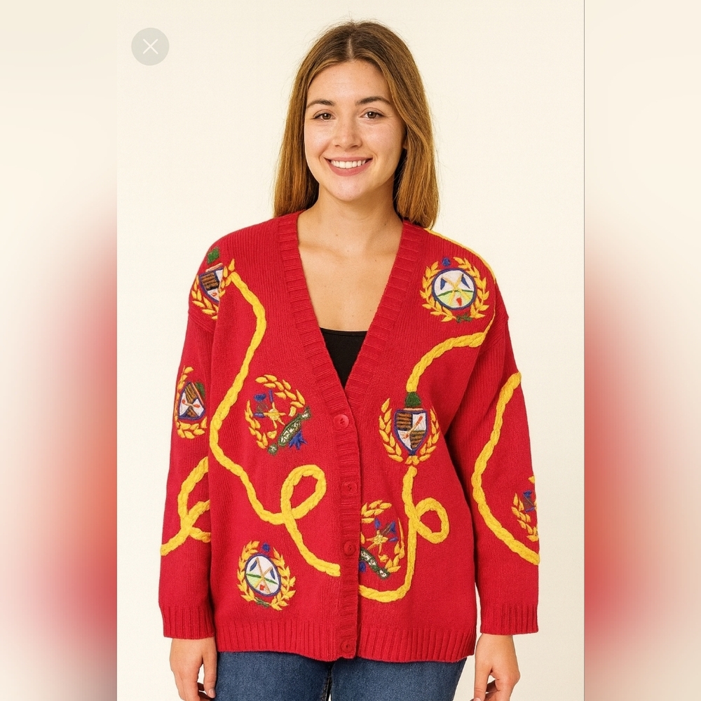 Vintage Evan Picone PRO Golf Embroidered Classic Sweater Cardigan Womens Size MD